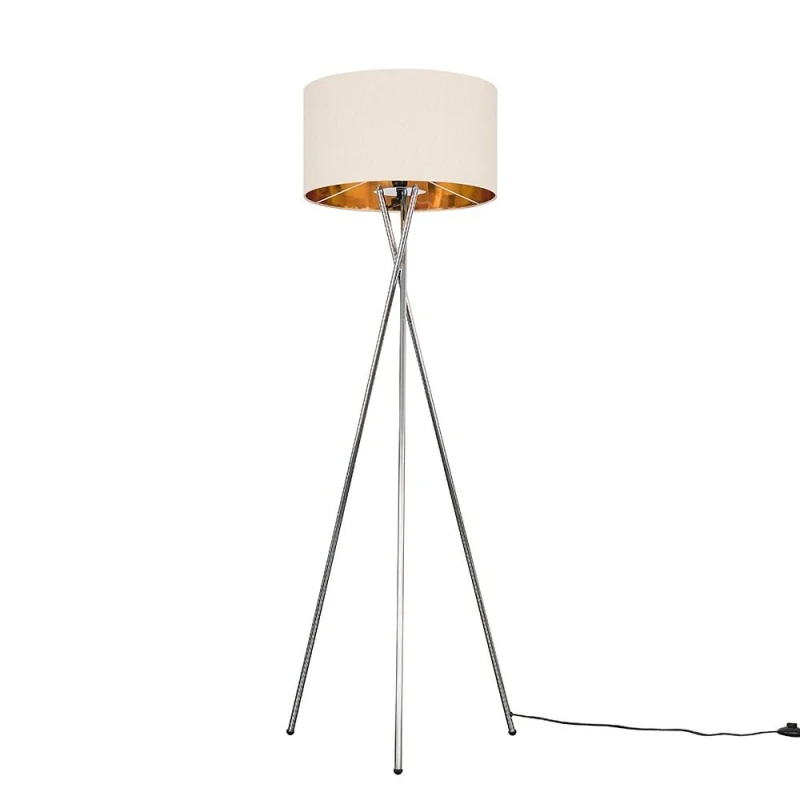 Image of ValueLights ValueLights Camden Chrome Tripod Floor Lamp with Beige & Gold Lamp Shade and Bulb Beige One Size Unisex 5055759991586