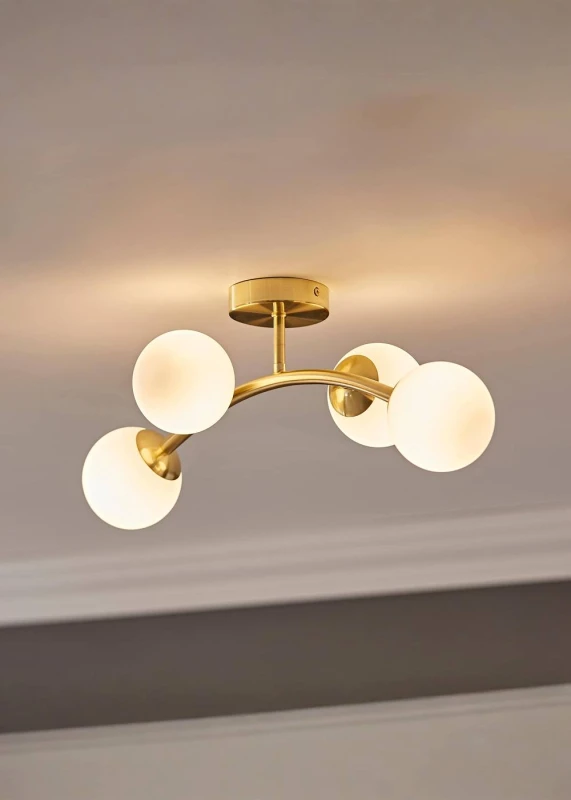 Image of ValueLights Jas 4 Way Ceiling Light with Opal White Frosted Glass Globe Shades and LED Bulbs Gold