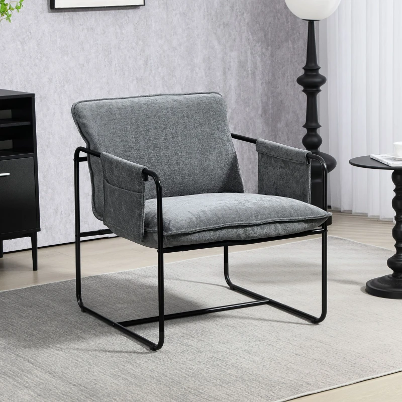 Image of HOMCOM HOMCOM Modern Accent Chair with Side Pockets and Steel Frame for Bedroom in Grey Grey One Size Unisex 5063603974241