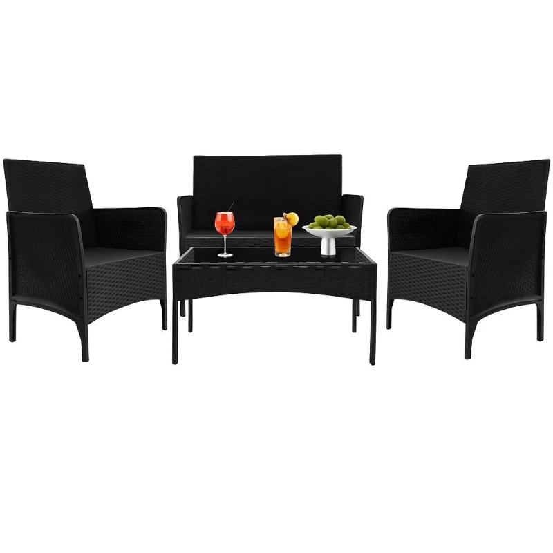 Image of Alivio 4 Piece Outdoor Patio Rattan Furniture Set, All-Weather Wicker Conversation Set with Chairs, Loveseat & Coffee Table in Black Unisex