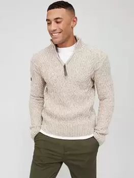 Image of Superdry Jacob Henley Cable 1/4 Zip Jumper - Oatmeal , Oatmeal, Size L, Men