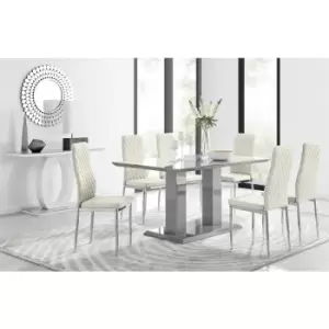 Image of Furniturebox Imperia 6 High Gloss Grey Modern Dining Table and 6 Cream Milan Faux Leather Dining Chairs With Silver Legs Diamond Stitch Modern