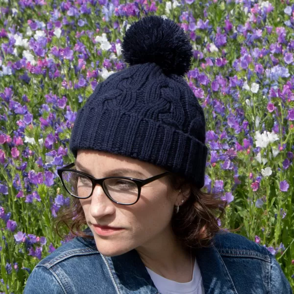 Image of totes Cable Knit Hat with Pom Pom Detail Navy