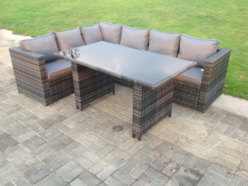 Image of Fimous Lounge Rattan Corner Sofa Set Outdoor Garden Furniture Rectangular Dining Table Chair Set Dark Grey