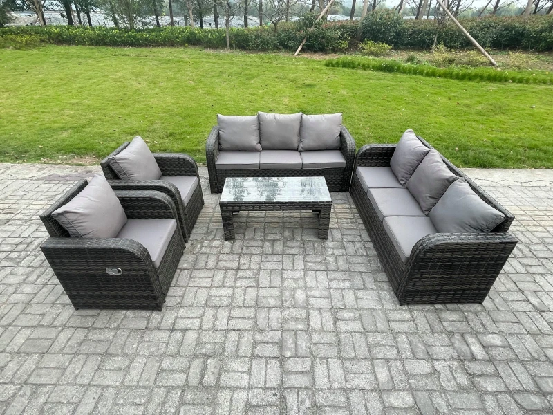 Image of Fimous Patio Garden Furniture Sets Wicker 8 Seater Outdoor Rattan Furniture Sofa Sets with Rectangular Coffee Table Reclining Chair Dark Grey
