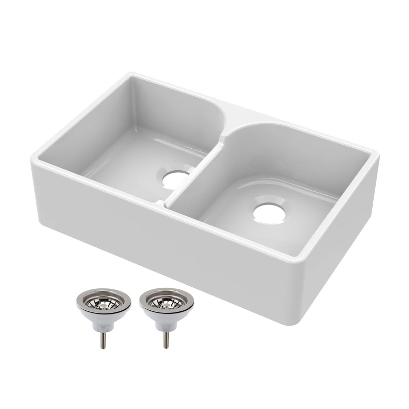 Image of Balterley 2 Bowl Fireclay Butler Sink Stepped Weir Wastes 795x500x220mm White