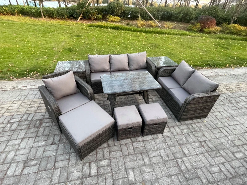 Image of Fimous 9 PCS Outdoor Lounge Sofa Set Wicker PE Rattan Garden Furniture Set with Rectangular Dining Table Armchair 3 Footstools Dark Grey Mixed Dark Gr