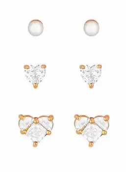 Image of Jon Richard Rhodium Plated Heart And Stud Cubic Zirconia Earrings - Pack of 3, Silver, Women