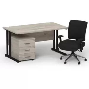 Image of Impulse 1400 x 800 Black Cant Office Desk Grey Oak + 3 Dr Mobile Ped & Chiro Med Back Black W/Arms