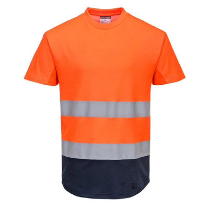 Image of Portwest Hi Vis Contrast Mesh Insert Short Sleeve T Shirt C395ONRL Colour: Orange / Navy