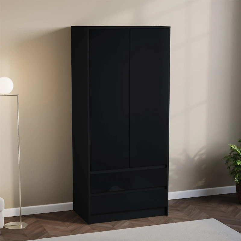 Image of Lassic Glinton High Gloss 2 Door 2 Drawer Wardrobe Black unisex One Size