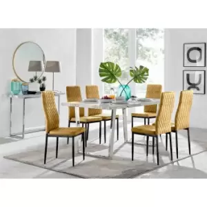 Image of Furniture Box Kylo White Marble Effect Dining Table and 6 Mustard Velvet Milan Black Leg Chairs