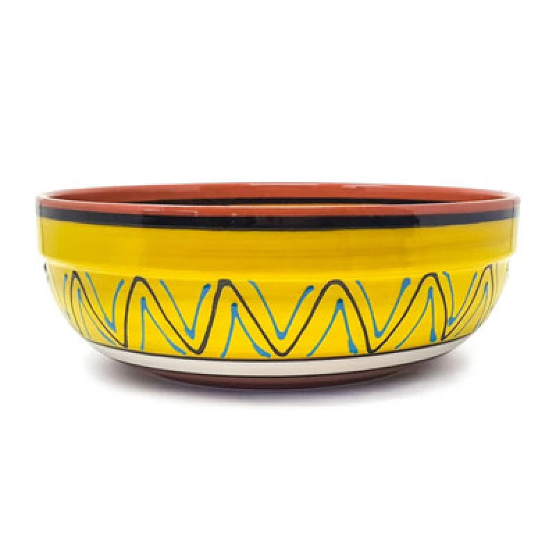 Image of Verano Spanish Ceramics Fiesta Hand Painted Pattern Ceramic Kitchen Dining Deep Salad Bowl Yellow (Diam) 26Cm