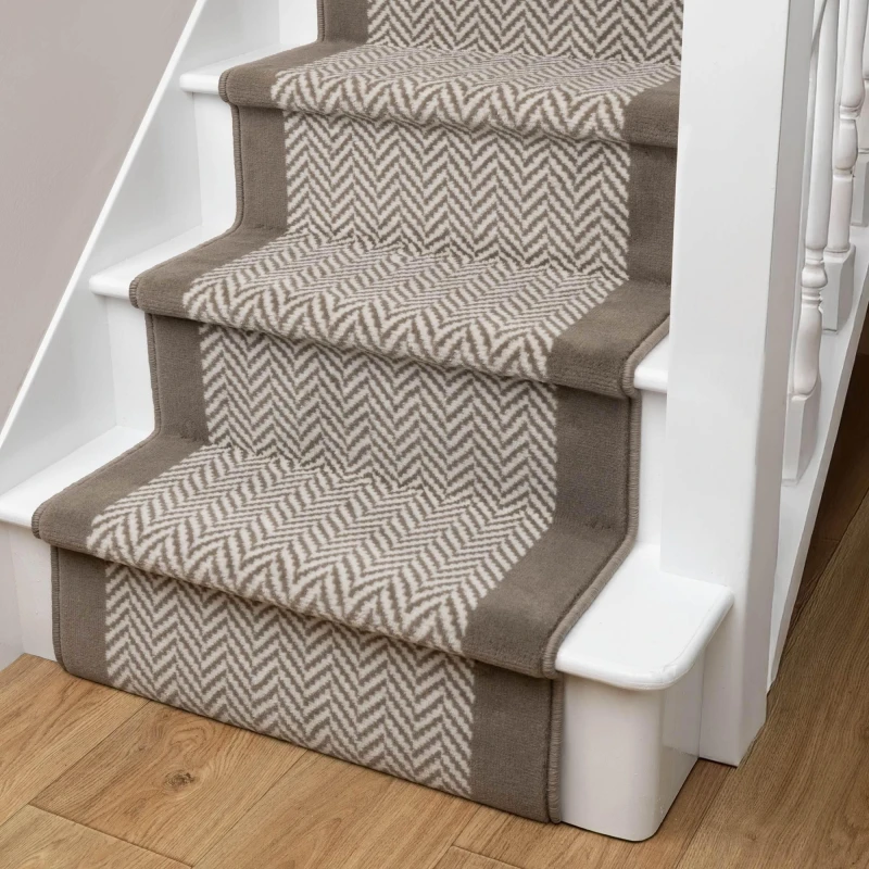 Image of Homemaker Maestro Herringbone Border Edge Taupe Stair Runner 67X800Cm, Cream HBONETAUPE67800