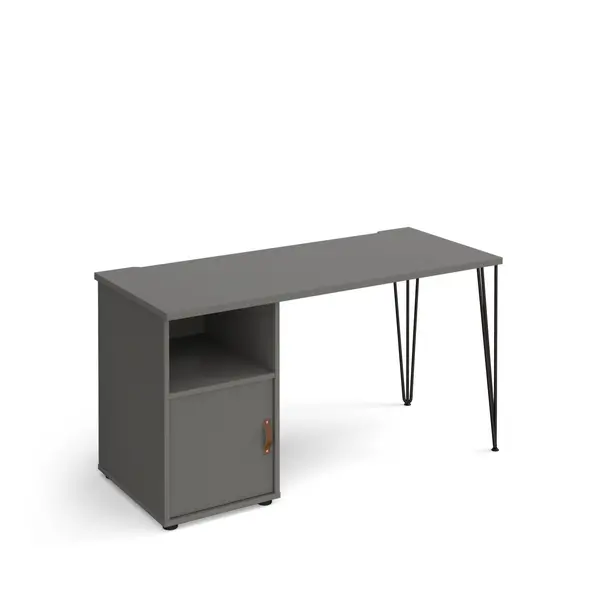 Image of Tikal Straight Grey Desk with Black Hairpin Leg with Grey Cupboard Door - 1400mm x 600mm