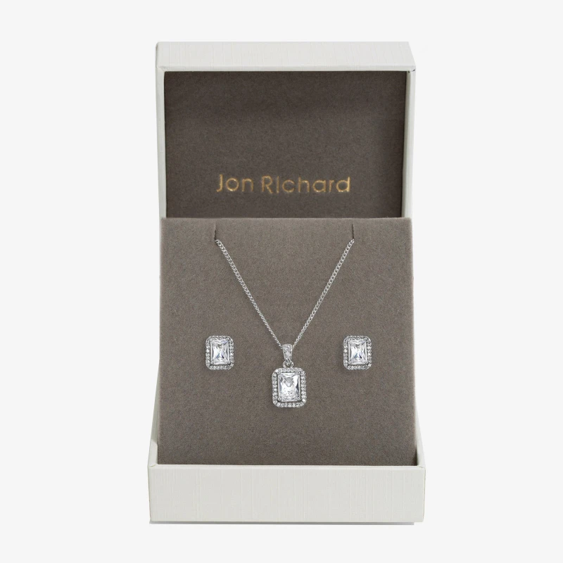 Image of Jon Richard Rhodium Plated Cubic Zirconia Emerald Cut Pendant Jewellery Sets One Size Silver 72180911000