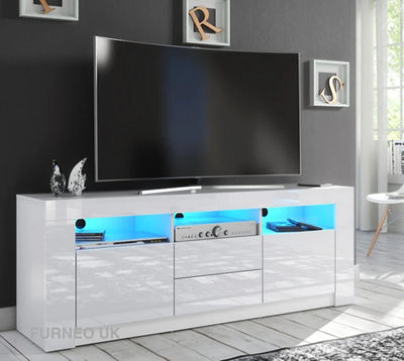 Image of Furneo White TV Stand 160Cm Unit Cabinet Matt & High Gloss Clifton 18 Blue LED Lights