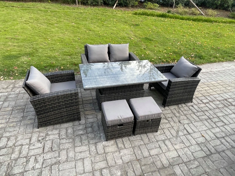 Image of Fimous Outdoor Garden Dining Sets 6 Seater Rattan Patio Furniture Sofa Set with Rising Lifting Table in Dark Grey Dark Grey Unisex