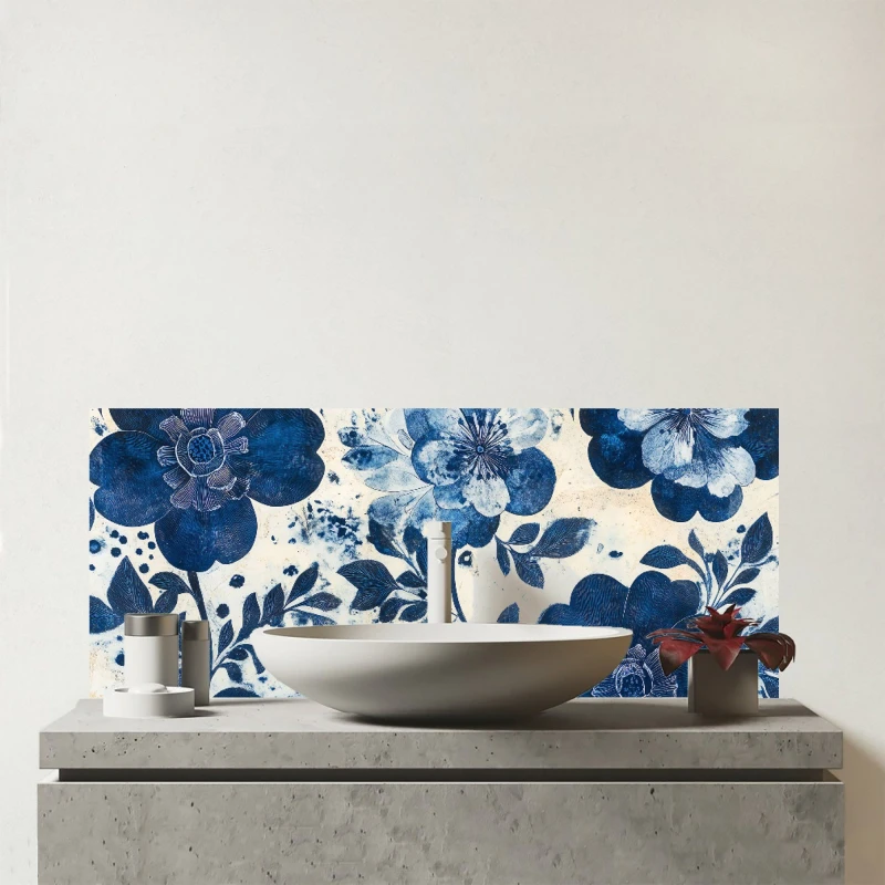 Image of Warren Reed - Designer Blue Floral Painting Glass Bathroom Splashback Blue Unisex