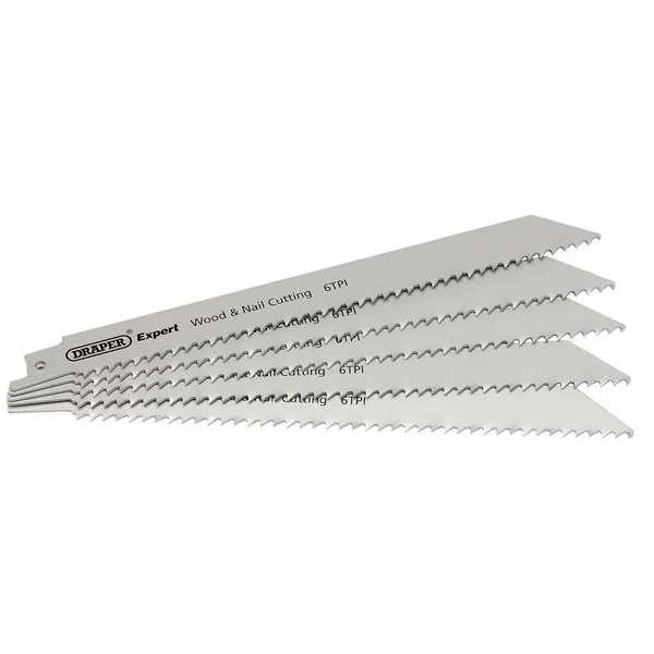Image of Draper Expert 200mm 6tpi Bi-Metal Reciprocating Saw Blades for Wood and Nail Cutting - Pack of 5 Blades