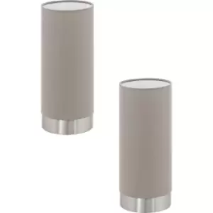 Image of 2 PACK Table Lamp Colour Satin Nickel Shade Taupe Fabric Touch On/Off E27 1x40W