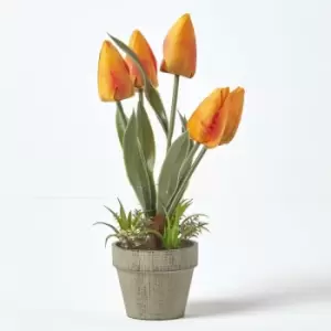 Image of Homescapes - Orange & Red Artificial Tulips in Grey Decorative Stone Pot, 27cm - Orange