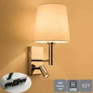 Image of Harper Living Wall Light with switch, Adjustable LED Reading Light and usb Port, Polished Chrome Finish, Ivory White Fabric Shade