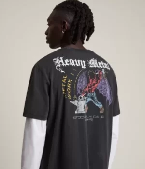 Image of AllSaints Mens Worx Crew T-Shirt, Jet Black, Size: S