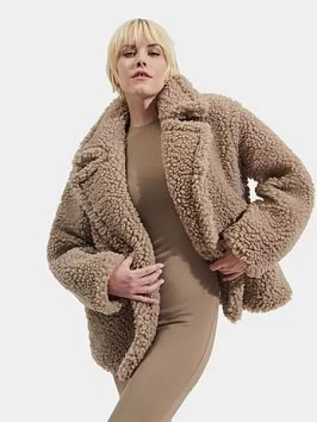 Image of UGG Womens Gertrude Short Teddy Coat - Putty Grey Tan - M