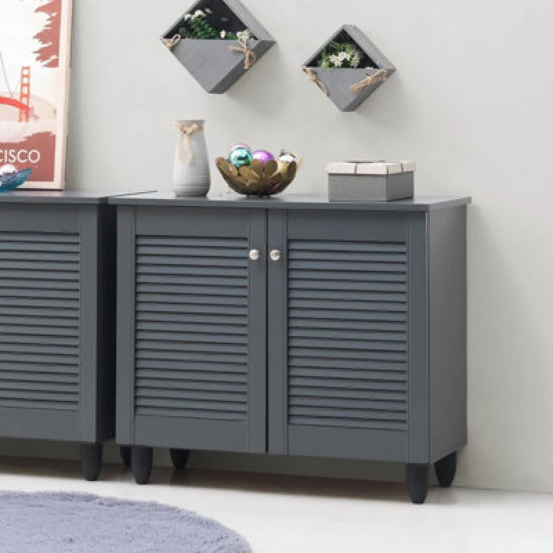 Image of Timber Art Design Modern Shoe Storage Cabinet 2 Doors Footwear Stand Rack Unit Cupboard Dark Grey