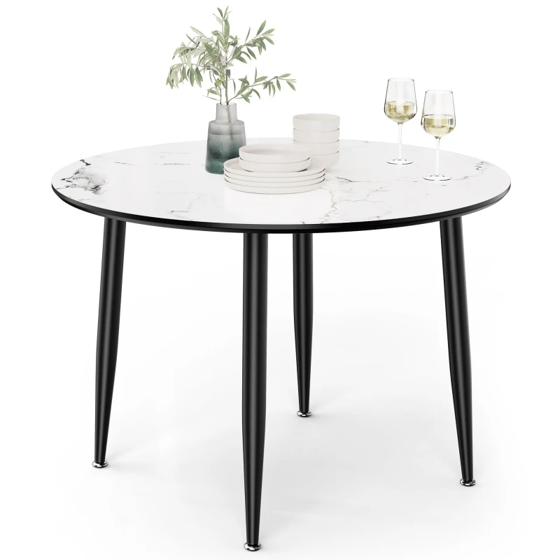 Image of Vonhaus Dining Table, 4 Seater Kitchen Table For Dining Room, Cicular Marble Top Effect With Black Tapered Legs, Parma