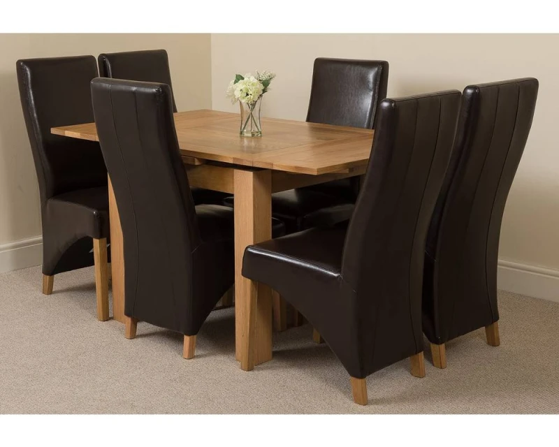 Image of Thats Furniture Richmond 90-150cm Square Oak Extending Dining Table + 6 Lola Leather Chairs in Brown Brown Unisex