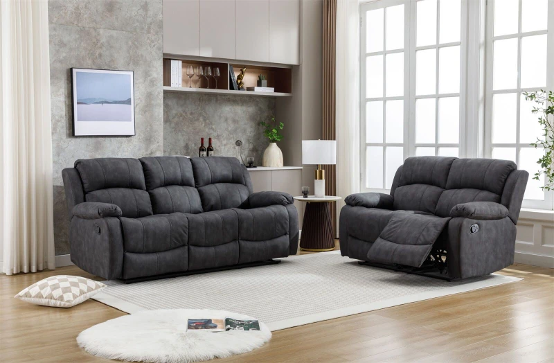 Image of FURNITURE ONE Recliner Sofa Set, Leathaire Fabric Manual Recliner Sofa Suite - 3+2 Seater Set Dark Grey