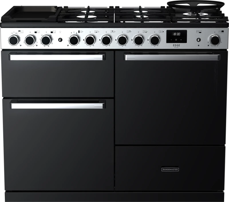 Image of Rangemaster Edge Deluxe EDDLO110DFGBLK/CM1 110cm Dual Fuel Range Cooker - Black Glass / Chrome - A/A Rated