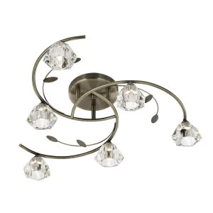 Image of 6 Light Semi Flush Multi Arm Ceiling Light Antique Brass and Glass, G9