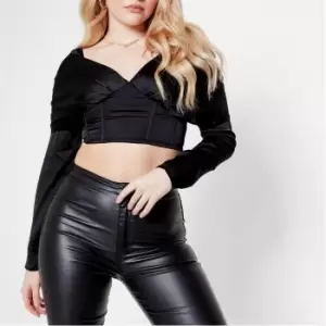 Image of I Saw It First Satin Drape Puff Sleeve Corset Crop Top - Black