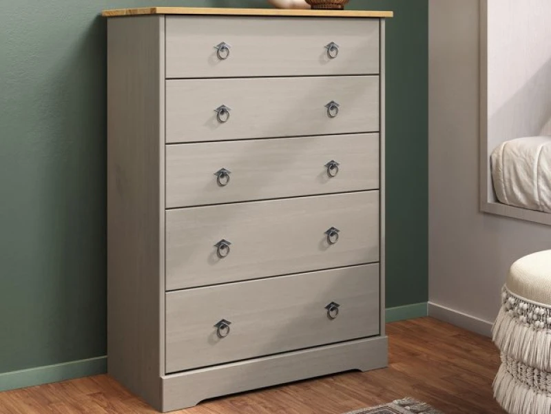Image of Core Corona Compact Grey and Waxed Pine 5 Drawer Chest of Drawers