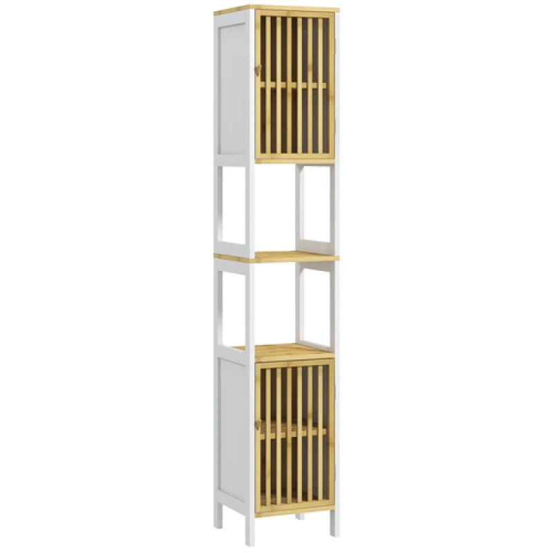 Image of HOMCOM HOMCOM Tall Bathroom Cabinet Bamboo Cupboard with Adjustable Shelves, White White One Size Unisex 5063603021518