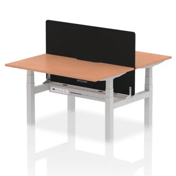 Image of Air Air Back-to-Back 1400 x 800mm Height Adjustable 2 Person Bench Desk Beech Top with Scalloped Edge Silver Frame with Black Straight Screen HASSE2P