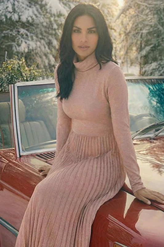 Image of Roman Womens High Neck Pleated Midi Dress in Light Pink Size: 20 Light Pink Female 20