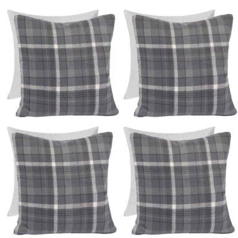 Image of OHS OHS Woven Check Cushion Covers Tartan Pack of 4 Filled Case Pad Set in Charcoal Size: 45cm x 45cm Charcoal 45cm x 45cm Unisex 5027434208142