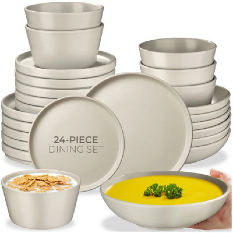 Image of Tectake 24 PC Dinnerware Set Una - Dinner Set, Incl. Plates, Bowls And Mugs, For 6 People - Taupe