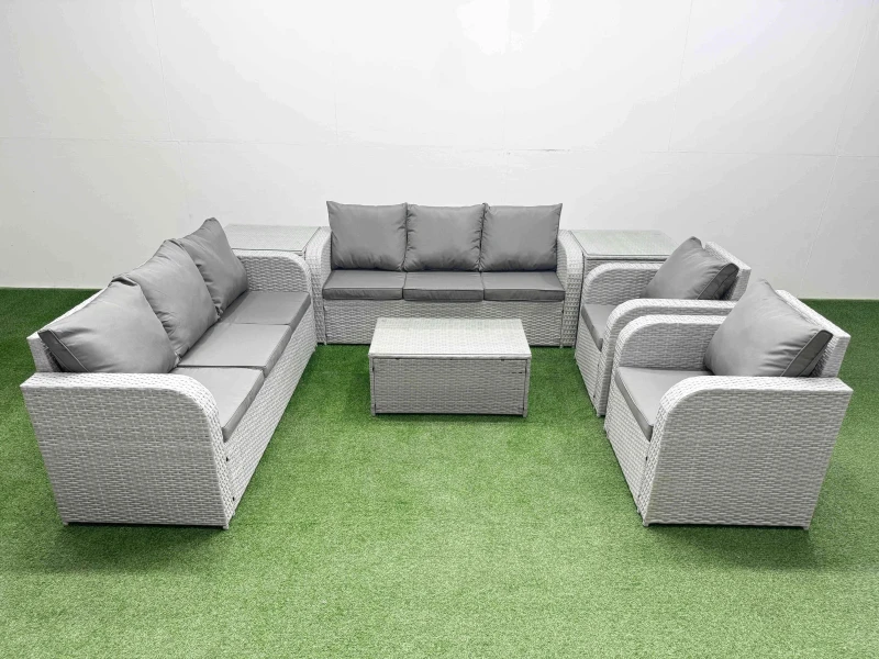 Image of Fimous PE Rattan High Back Lounge Sofa Set Patio Coffee Table & Chairs Set with 3 Seater Sofa Reclining Chair 2 Side Table Light Grey Light Grey