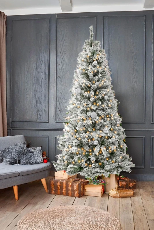 Image of Neo 7FT Half Xmas Snow Flocked Christmas Tree Slim Space Saving Corner Foldable Metal Stand in White White Unisex 7ft