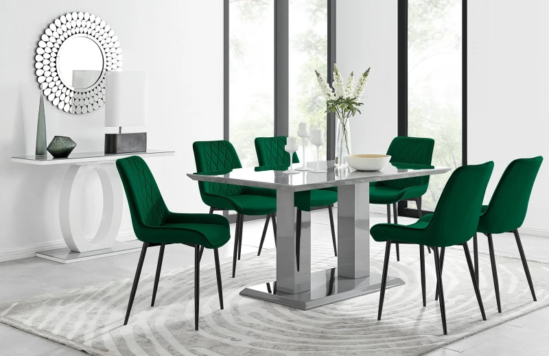 Image of FurnitureboxUK FurnitureboxUK Imperia 6 Grey Dining Table and 6 Pesaro Black Leg Chairs in Green Green One Size Unisex 5056542641282