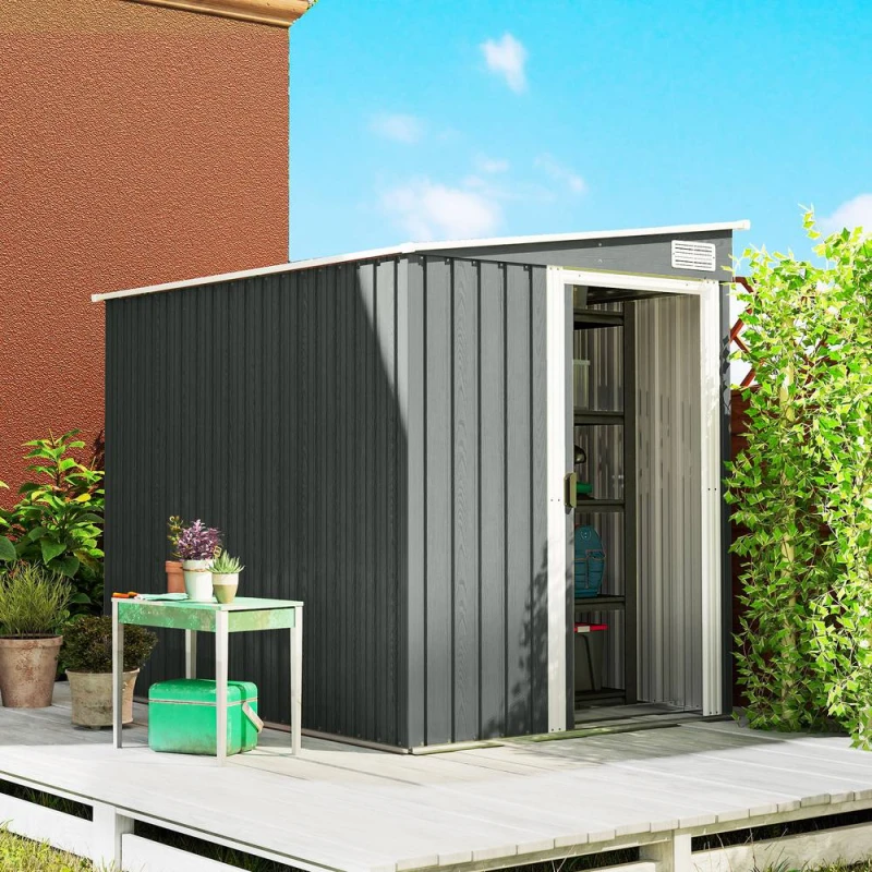 Image of OUTSUNNY 7 x 5FT Garden Shed w/ Foundation Lean to Metal Tool Shed Grey in Light Grey Light Grey Unisex