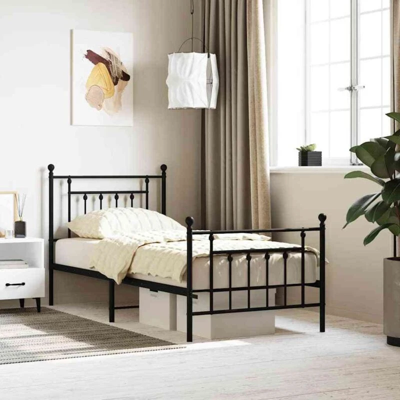 Image of JINLEFU Metal Bed Frame without Mattress with Footboard Black 90x200cm vidaXL JRVDZX-353548_DE