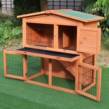 Image of PawHut 2 Story Multi-Level Outdoor Rabbit Small Animal Enclosure with Ramp Tray to Raised Home & Below Run Area
