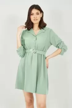 Image of Sage Green Gold Buckle Skater Shirt Dress