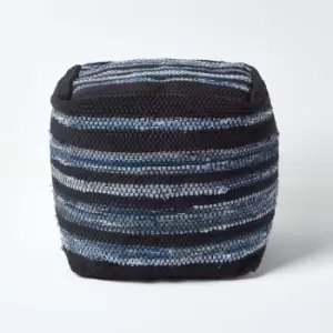 Image of Homescapes - Texas Leather & Denim Woven Striped Bean Filled Pouffe, 40cm - Blue
